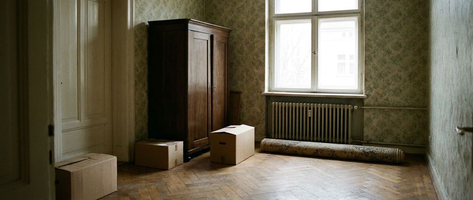 Fast leer geräumtes Zimmer mit Kartons und Schrank im Nachmittagslicht