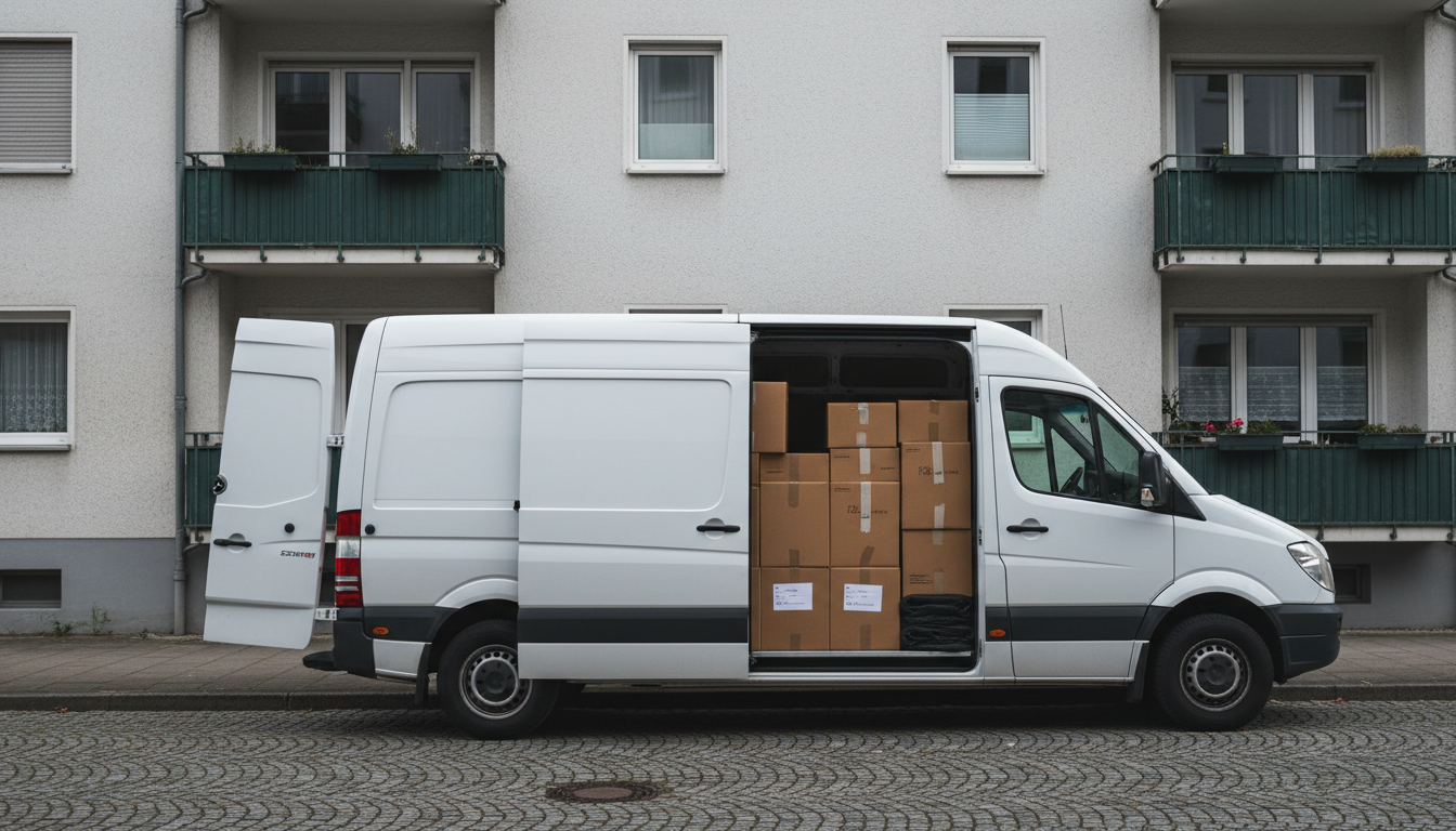 Weißer Transporter vor einem Wohnhaus